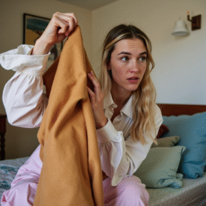 a young woman holding a piece of upcycled fashion